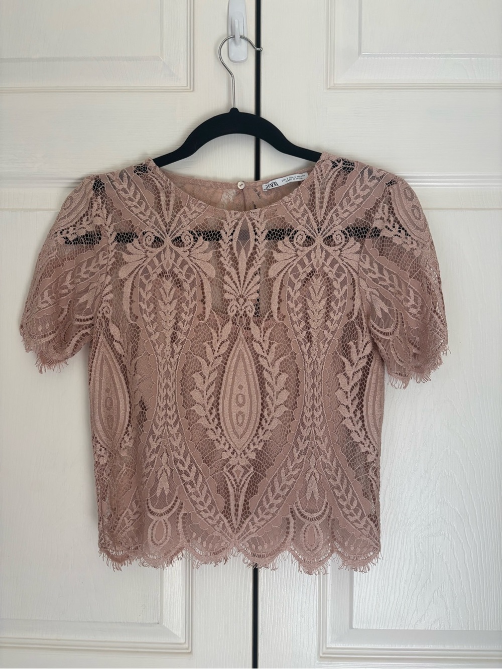 Excellent condition- ZARA Delicate Lace Short-Sleeve Top - Blush Pink.